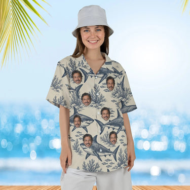 Woman wearing the Great White Shark Hawaiian Shirt with custom faces