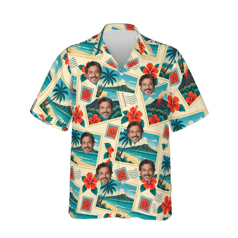 Greetings From Paradise Postcard Hawaiian Shirt personalized with printed faces, front view