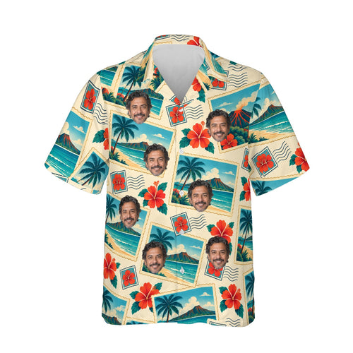 Greetings From Paradise Postcard Hawaiian Shirt personalized with printed faces, front view