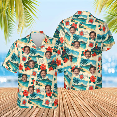 Greetings From Paradise Postcard Hawaiian Shirt with custom faces, front and back