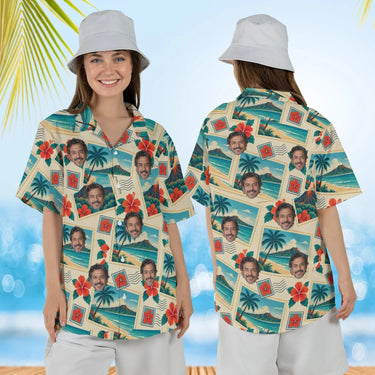 Woman wearing the Greetings From Paradise Postcard Hawaiian Shirt with custom faces, front and back view