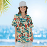 Woman wearing the Greetings From Paradise Postcard Hawaiian Shirt with custom faces