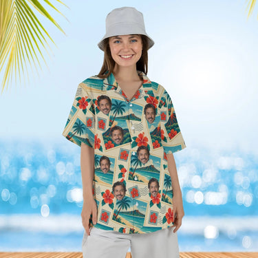 Woman wearing the Greetings From Paradise Postcard Hawaiian Shirt with custom faces