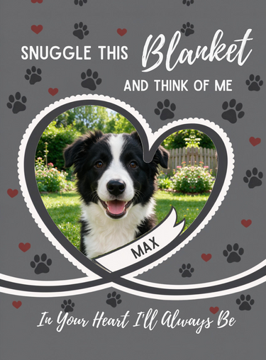 Full print artwork of the grey heart pet blanket, edge to edge, with the custom pet name