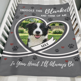 Personalised grey heart pet photo blanket folded over the side of a wooden crib