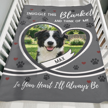 Personalised grey heart pet photo blanket folded over the side of a wooden crib