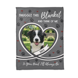 Flat lay of the grey heart pet photo blanket showing the heart photo frame and name ribbon