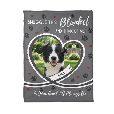 Flat lay of the grey heart pet photo blanket showing the heart photo frame and name ribbon