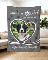 Grey heart personalised pet photo blanket hanging in a bright living room