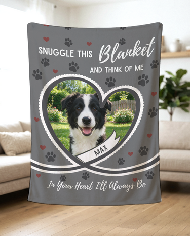 Grey heart personalised pet photo blanket hanging in a bright living room