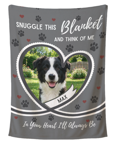 Personalised grey heart pet photo blanket with paw prints and a name ribbon, shown flat on a plain white background