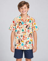 Grill Master Party Hawaiian shirt with printed faces, worn by a child