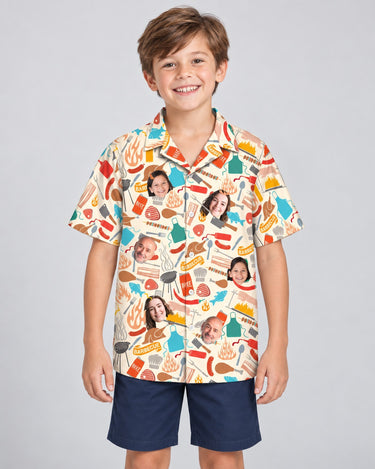Grill Master Party Hawaiian shirt with printed faces, worn by a child