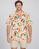 Grill Master Party Hawaiian shirt with printed faces, worn by a man