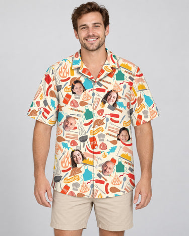 Grill Master Party Hawaiian shirt with printed faces, worn by a man