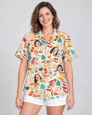 Grill Master Party Hawaiian shirt with printed faces, worn by a woman