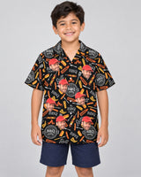 Grill Master Hawaiian shirt with printed faces, worn by a child