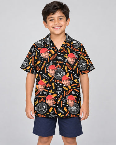 Grill Master Hawaiian shirt with printed faces, worn by a child