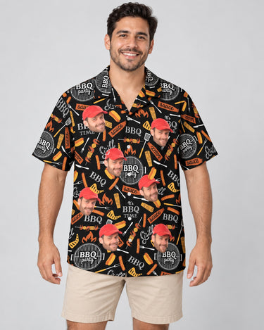 Grill Master Hawaiian shirt with printed faces, worn by a man