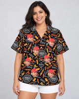 Grill Master Hawaiian shirt with printed faces, worn by a woman