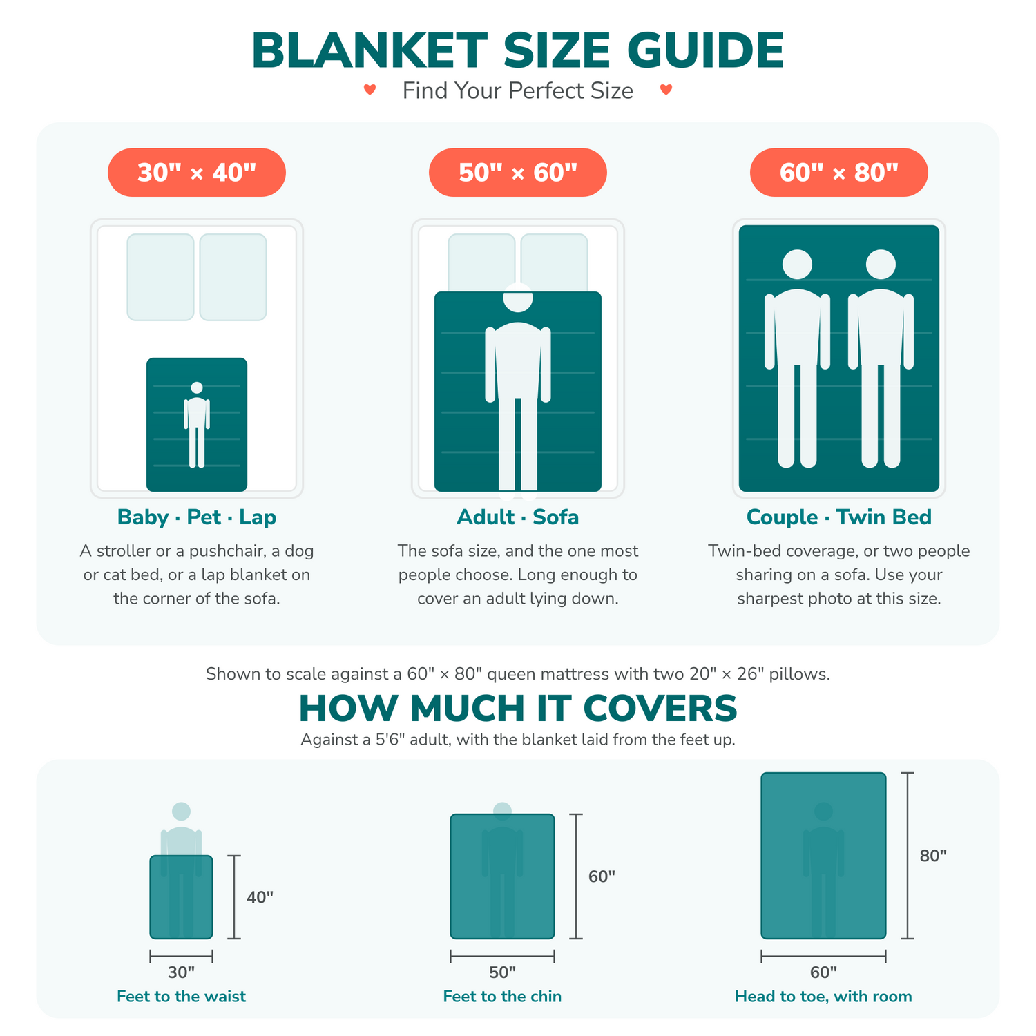 Blanket size guide: 30 by 40, 50 by 60 and 60 by 80 inch blankets shown to scale on a queen bed, and again against a 5 foot 6 adult to show how much each one covers