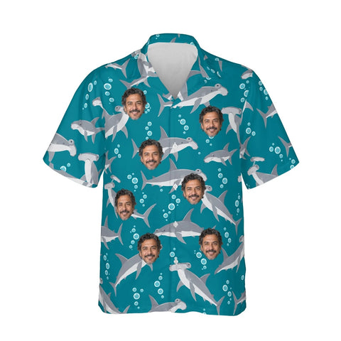 Hammerhead Shark Hawaiian Shirt personalized with printed faces, front view