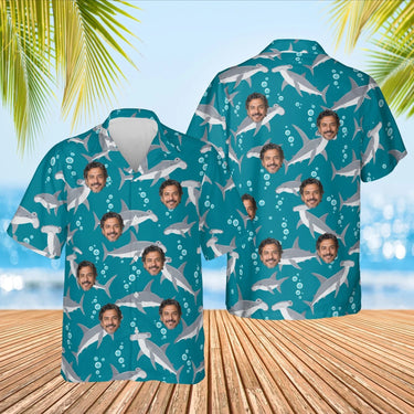 Hammerhead Shark Hawaiian Shirt with custom faces, front and back