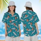Woman wearing the Hammerhead Shark Hawaiian Shirt with custom faces, front and back view