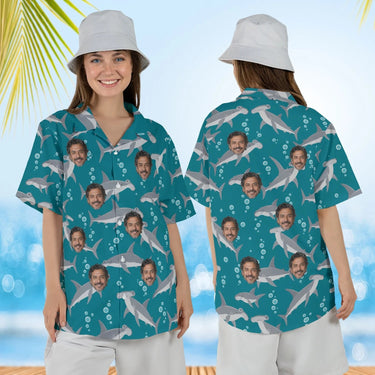 Woman wearing the Hammerhead Shark Hawaiian Shirt with custom faces, front and back view