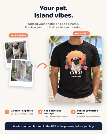 How to personalize an Aloha pet photo T-shirt: upload one to three portraits, add a name and optional message, then choose island colors and shirt.