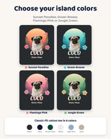 Four color themes for the Aloha pet photo tee: Sunset Paradise, Ocean Breeze, Flamingo Pink and Jungle Green, alongside the six shirt color choices.