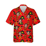 Helmet & Axe Firefighter Hawaiian Golf Shirt personalized with printed faces, front view