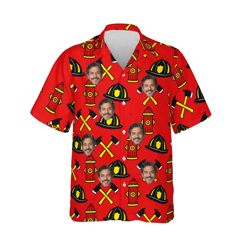 Helmet & Axe Firefighter Hawaiian Golf Shirt personalized with printed faces, front view