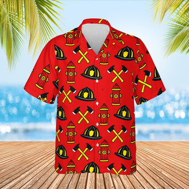 Helmet & Axe Firefighter Hawaiian Golf Shirt print before personalizing, front view