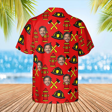 Helmet & Axe Firefighter Hawaiian Golf Shirt with custom faces, back view