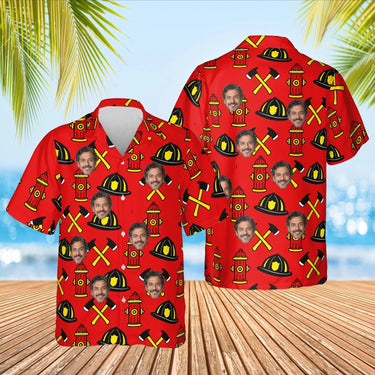 Helmet & Axe Firefighter Hawaiian Golf Shirt with custom faces, front and back