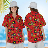 Woman wearing the Helmet & Axe Firefighter Hawaiian Golf Shirt with custom faces, front and back view