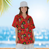 Woman wearing the Helmet & Axe Firefighter Hawaiian Golf Shirt with custom faces