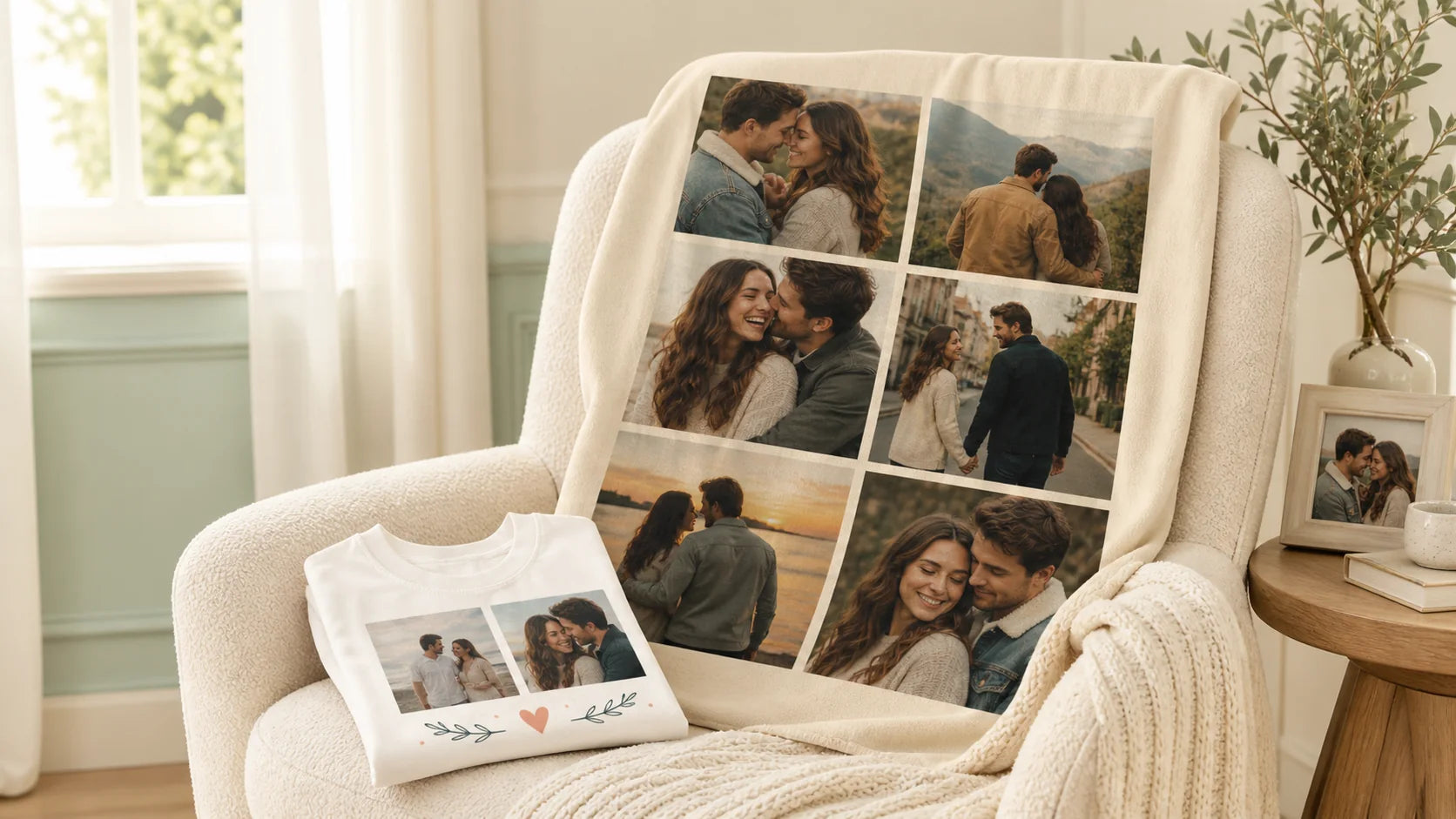 Personalized couple photo blanket and matching white photo tee arranged in a warm living room
