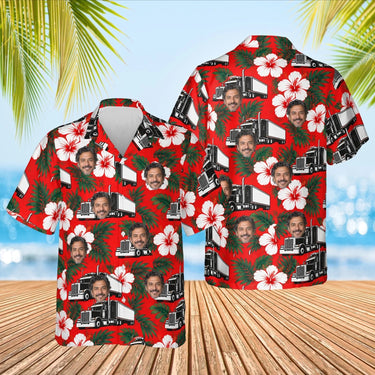Hibiscus Big Rig Trucker Hawaiian Shirt with custom faces, front and back