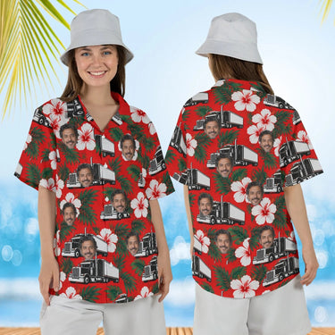 Woman wearing the Hibiscus Big Rig Trucker Hawaiian Shirt with custom faces, front and back view