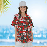 Woman wearing the Hibiscus Big Rig Trucker Hawaiian Shirt with custom faces