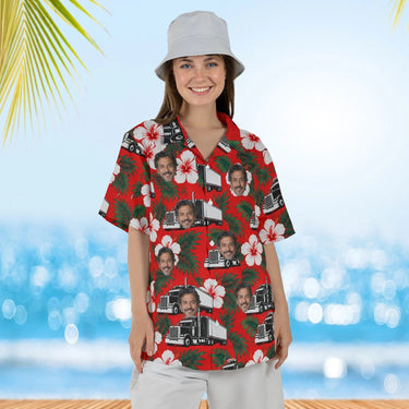 Woman wearing the Hibiscus Big Rig Trucker Hawaiian Shirt with custom faces