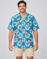 Hibiscus Island Dreams Hawaiian shirt with printed faces, worn by a man