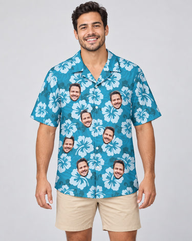 Hibiscus Island Dreams Hawaiian shirt with printed faces, worn by a man
