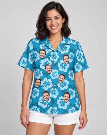 Hibiscus Island Dreams Hawaiian shirt with printed faces, worn by a woman