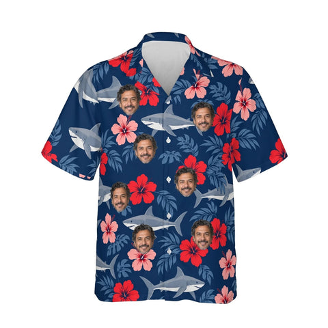 Hibiscus Shark Hawaiian Shirt personalized with printed faces, front view