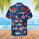Hibiscus Shark Hawaiian Shirt with custom faces, back view