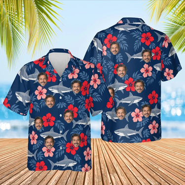 Hibiscus Shark Hawaiian Shirt with custom faces, front and back