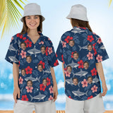 Woman wearing the Hibiscus Shark Hawaiian Shirt with custom faces, front and back view